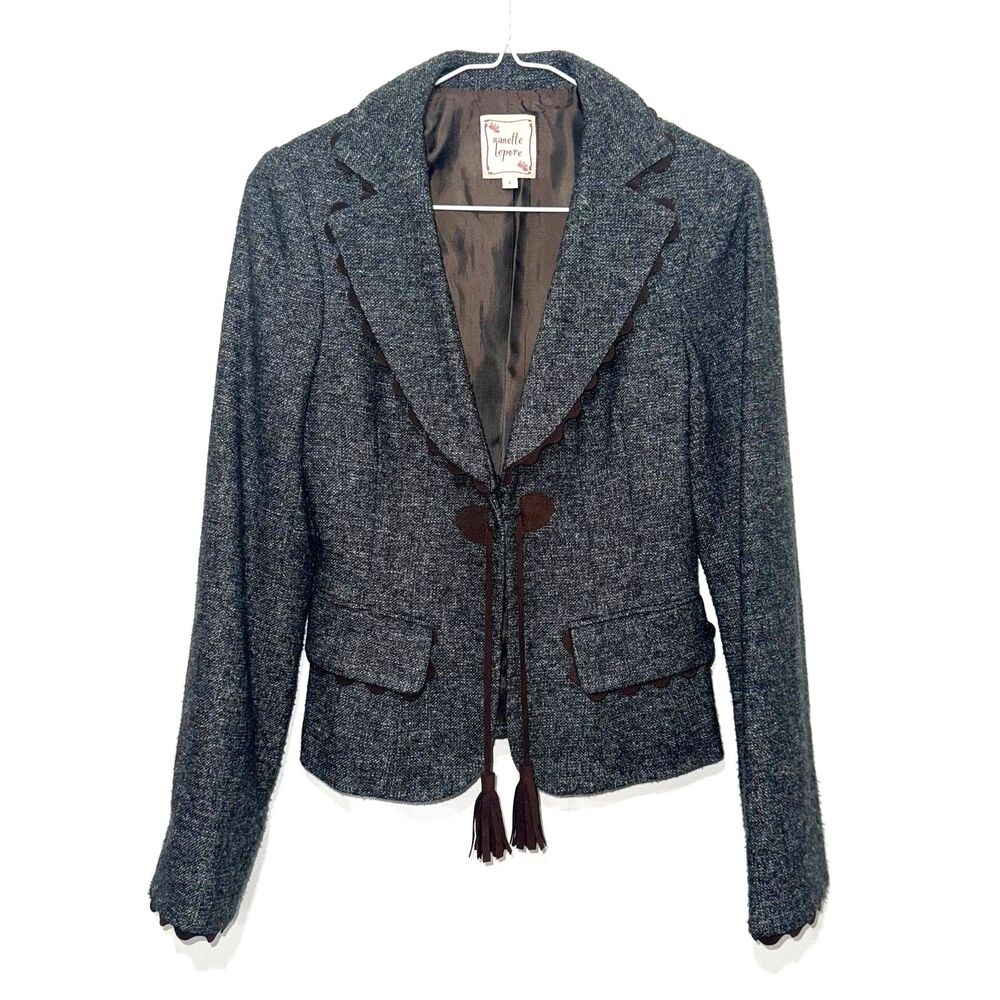 Vintage Nanette Lapore Scalloped Edge Tweed Tie Front Blazer - Gray/Brown 4